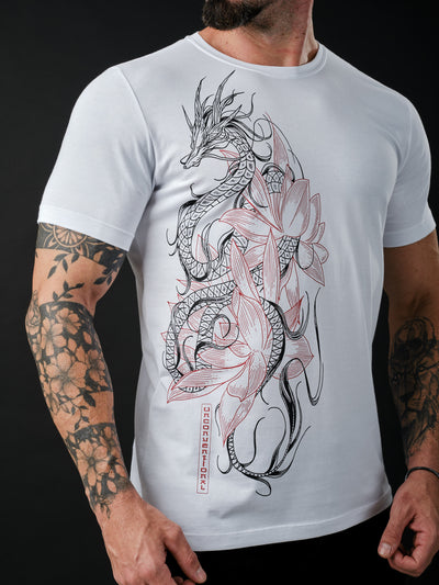 Camiseta Unconventional® Dragon Flower em Algodão Egípcio Branco