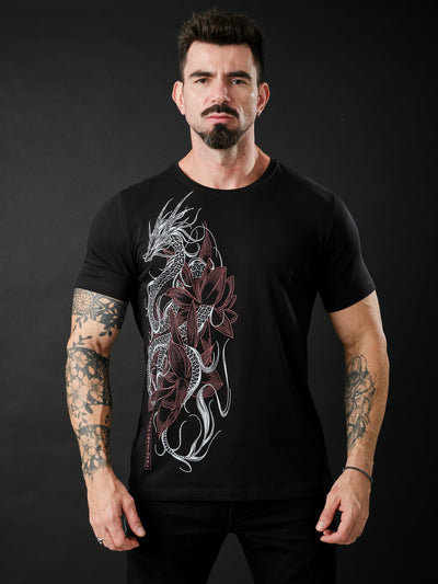 Camiseta Unconventional® Dragon Flower  Black em Algodão Egípcio