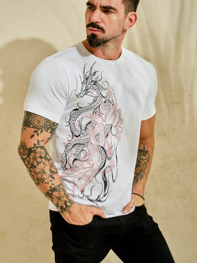 Camiseta Unconventional® Dragon Flower em Algodão Egípcio Branco