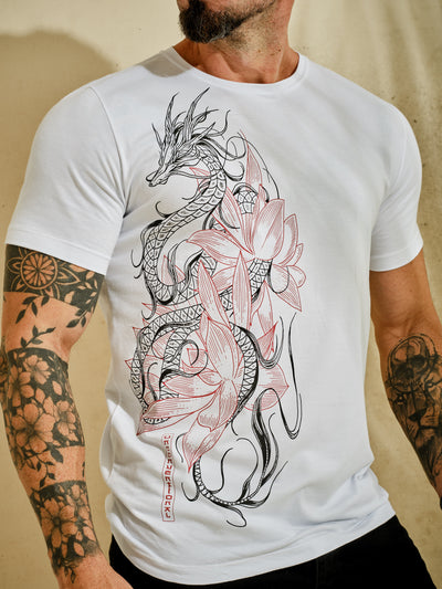 Camiseta Unconventional® Dragon Flower em Algodão Egípcio Branco